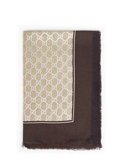 Gucci Brown Laminated Gg Wool Shawl In Orange