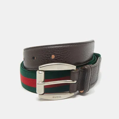 Pre-owned Gucci Brown Leather And Elastic Web Buckle Belt 90cm