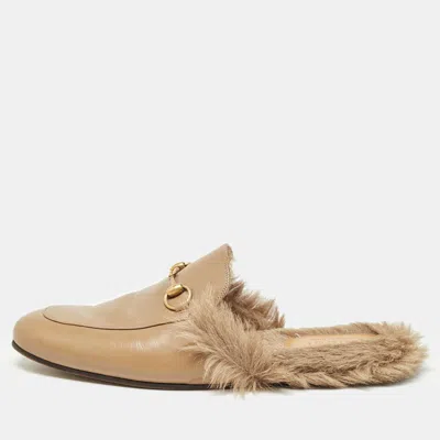 Pre-owned Gucci Brown Leather And Fur Princetown Mules Size 46