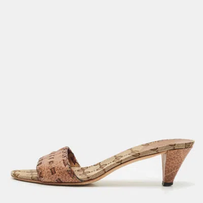 Pre-owned Gucci Brown Leather And Gg Canvas Slide Sandals Size 37.5