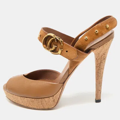 Pre-owned Gucci Brown Leather And Suede Gg Cork Platform Peep Toe Slingback Sandals Size 37.5