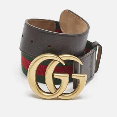 Pre-owned Gucci Brown Leather And Web Canvas Gg Marmont Buckle Belt 85 Cm