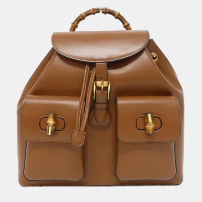 Pre-owned Gucci Brown Leather Bamboo Backpack