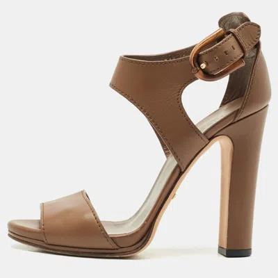 Pre-owned Gucci Brown Leather Bamboo Buckle Ankle Strap Sandals Size 40