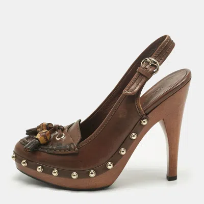 Pre-owned Gucci Brown Leather Bamboo Fringe Slingback Pumps Size 36