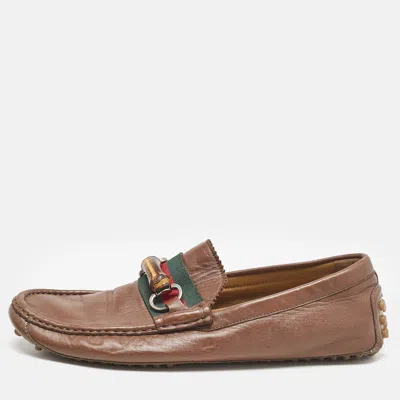 Pre-owned Gucci Brown Leather Bamboo Horsebit Web Detail Loafers Size 42