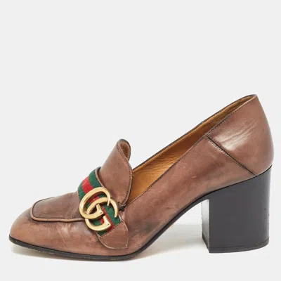 Pre-owned Gucci Brown Leather Block Heel Loafer Pumps Size 36.5