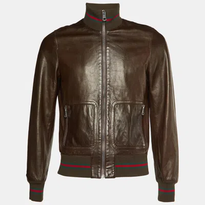 Pre-owned Gucci Brown Leather Bomber Jacket S