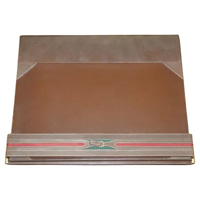 Pre-owned Gucci Brown Leather Brass Bucket Desk Stationary Set Pen Pad Write, Circa 1960s