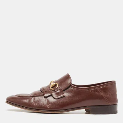 Pre-owned Gucci Brown Leather Brixton Fringe Detail Slip On Loafers Size 43
