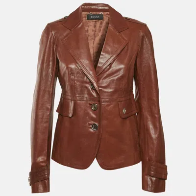 Pre-owned Gucci Brown Leather Button Front Jacket M
