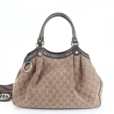 Pre-owned Gucci Brown Leather Canvas Handbag Tote Bag ()