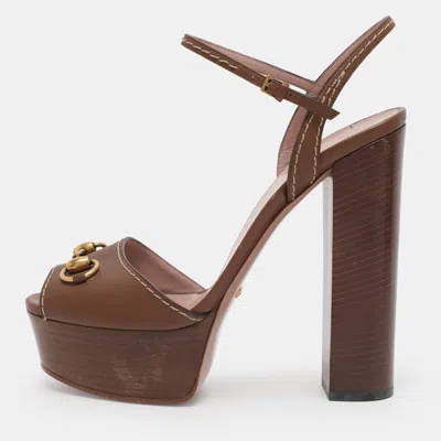 Pre-owned Gucci Brown Leather Claudie Peep Toe Platform Sandals Size 40