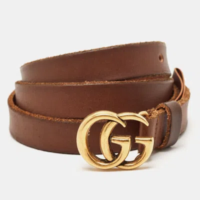 Pre-owned Gucci Brown Leather Double G Slim Buckle Belt 100cm