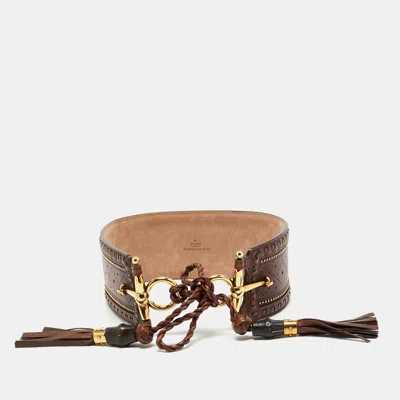 Pre-owned Gucci Brown Leather Embellished Tassel Waist Wide Belt 70cm