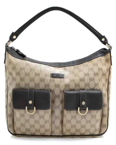 Gucci Brown Leather Gg Crystal Abbey Pocket Hobo (authentic Pre-loved) In Neutral