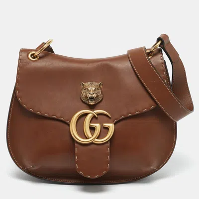 Pre-owned Gucci Brown Leather Gg Marmont Animalier Flap Shoulder Bag