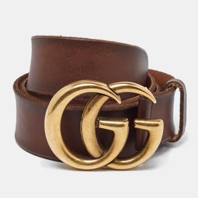 Pre-owned Gucci Brown Leather Gg Marmont Buckle Belt 80cm