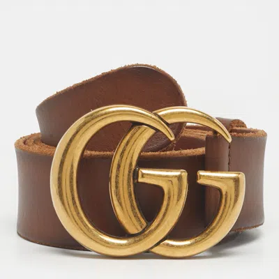 Pre-owned Gucci Brown Leather Gg Marmont Buckle Belt 90cm