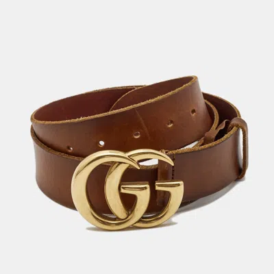 Pre-owned Gucci Brown Leather Gg Marmont Buckle Belt 95cm