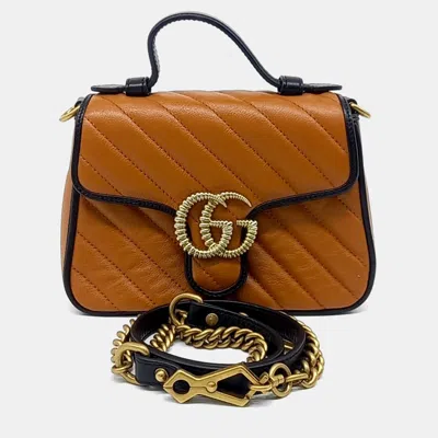 Pre-owned Gucci Brown Leather Gg Marmont Mini Top Handle Bag