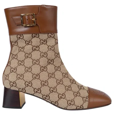 Pre-owned Gucci Brown Leather Gg Supreme Canvas 2022 Ellis Ankle Boots Shoes 40