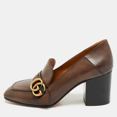 Pre-owned Gucci Brown Leather Gg Web Loafer Pumps Size 38