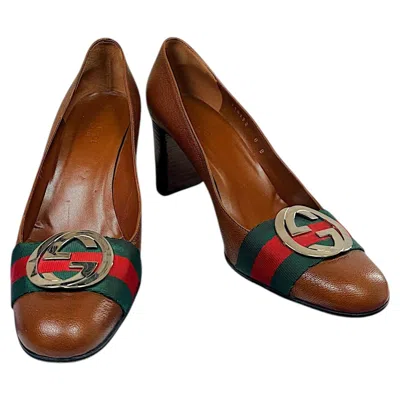 Pre-owned Gucci Brown Leather Gg Web Stripe Interlocking Logo Pumps Size 38