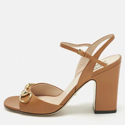 Pre-owned Gucci Brown Leather Horsebit Ankle Strap Sandals Size 37