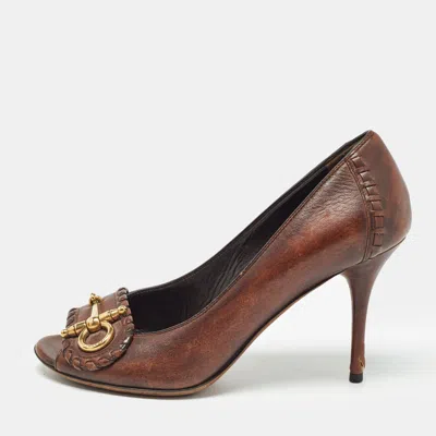 Pre-owned Gucci Brown Leather Horsebit Open Toe Pumps Size 37.5