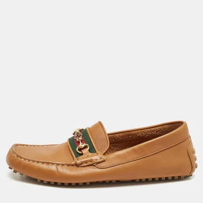Pre-owned Gucci Brown Leather Horsebit Web Slip On Loafers Size 40.5