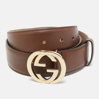 Pre-owned Gucci Brown Leather Interlocking G Buckle Belt 85cm