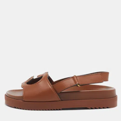 Pre-owned Gucci Brown Leather Interlocking G Flat Sandals Size 39.5