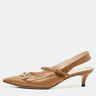 Pre-owned Gucci Brown Leather Interlocking G Horsebit Zumi Slingback Pumps Size 39