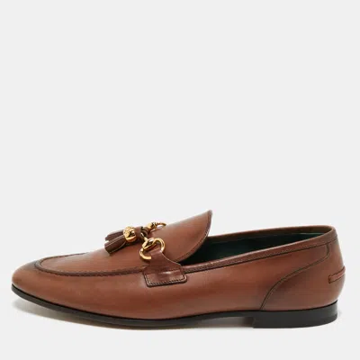Pre-owned Gucci Brown Leather Jordaan Tassel Loafers Size 45