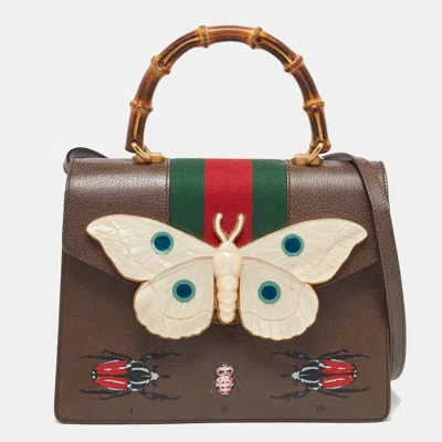 Pre-owned Gucci Brown Leather Medium Bamboo Web Falena Top Handle Bag