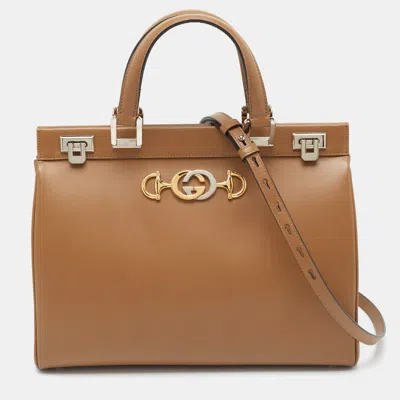 Pre-owned Gucci Brown Leather Medium Zumi Tote
