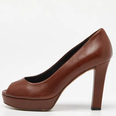 Pre-owned Gucci Brown Leather Peep Toe Platform Pumps Size 36.5