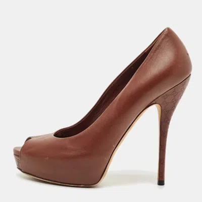 Pre-owned Gucci Brown Leather Peep Toe Platform Pumps Size 38