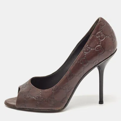 Pre-owned Gucci Brown Leather Peep Toe Pumps Size 37