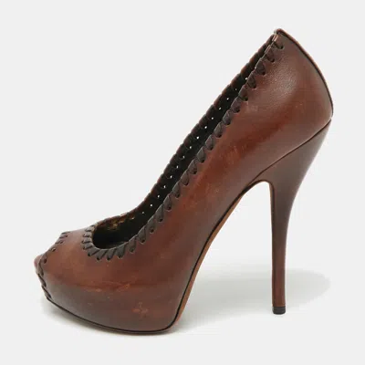 Pre-owned Gucci Brown Leather Platform Peep Toe Pumps Size 36