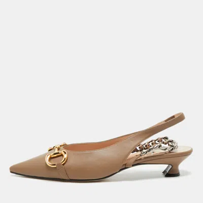 Pre-owned Gucci Brown Leather Slingback Pumps Size 38.5
