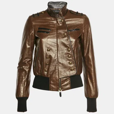 Pre-owned Gucci Brown Leather Stand Collar Zip Front Jacket S