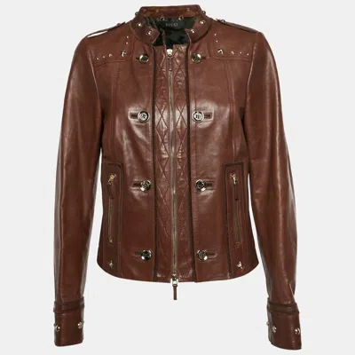 Pre-owned Gucci Brown Leather Star Stud Biker Jacket L