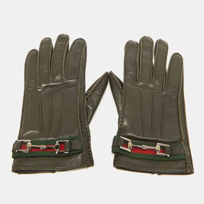 Pre-owned Gucci Brown Leather Web Horsebit Gloves Size 7