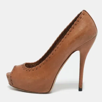 Pre-owned Gucci Brown Leather Whipstitch Detail Platform Pumps Size 35.5