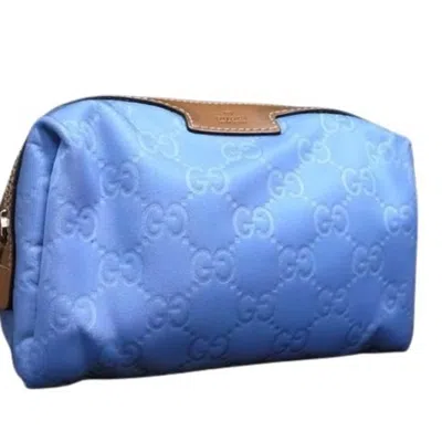 Pre-owned Gucci Brown Light Blue Nylon Leather Clutch Bag Wash Bag ()