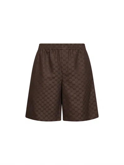 Gucci Brown Linen Blend Gg Canvas Shorts