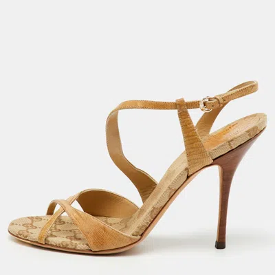 Pre-owned Gucci Brown Lizard Cross Ankle Strap Sandals Size 39.5