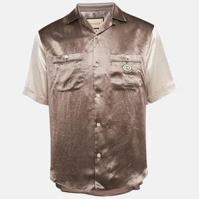 Pre-owned Gucci Brown Logo Applique Satin Hawaii Bowling Shirt S